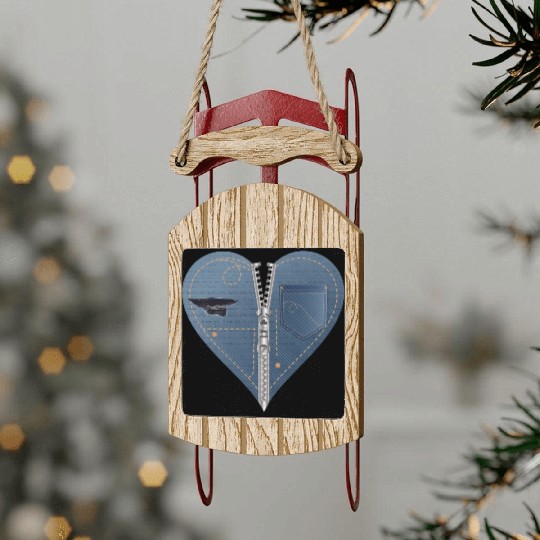 light blue heart in jeans look with zipper Sled Ornaments
