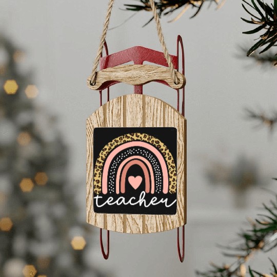 Boho Teacher Rainbow Leopard Teacher Appreciation Sled Ornaments