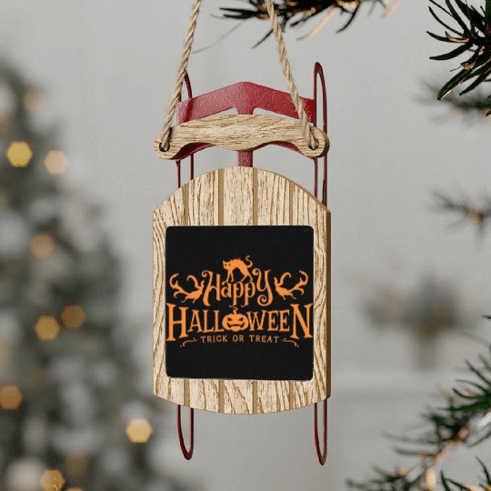 Happy Halloween Trick Or Treat Pumpkin Scary Cat Sled Ornaments