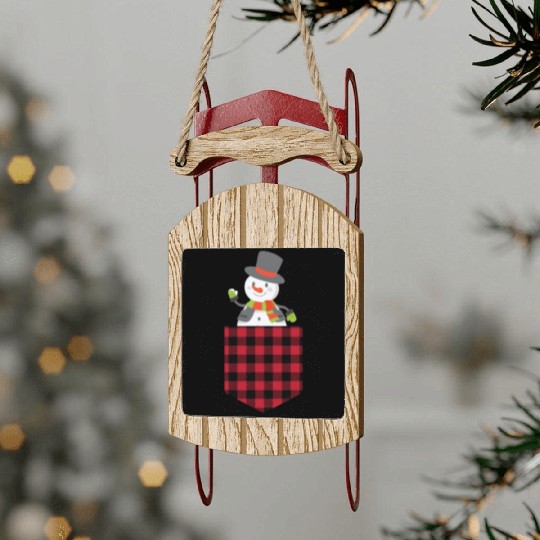 Christmas Cute Snowman In Buffalo Plaid Pocket Sled Ornaments