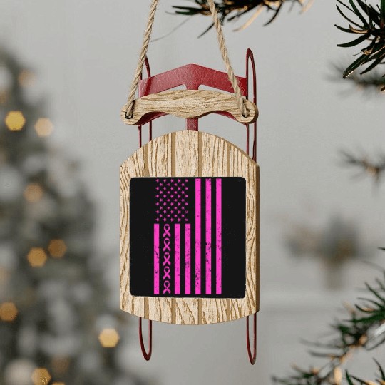 Pink Ribbon beating Breast Cancer American Flag Sled Ornaments