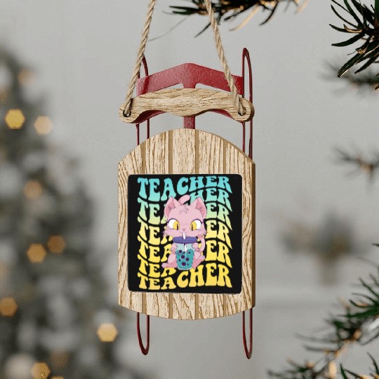 Boba Tea Teacher Kawaii Cat Groovy Back To School Sled Ornaments