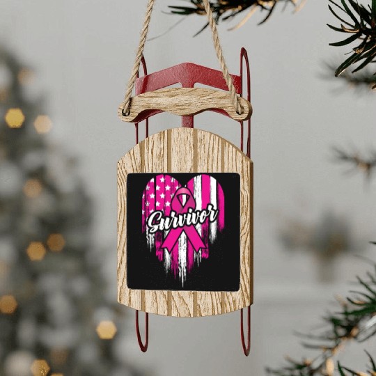 Breast Cancer Survivor Pink Ribbon American Flag Sled Ornaments