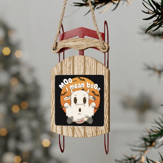 Moo I Mean Boo Ghost Cow Pumpkin Moon Lazy Sled Ornaments