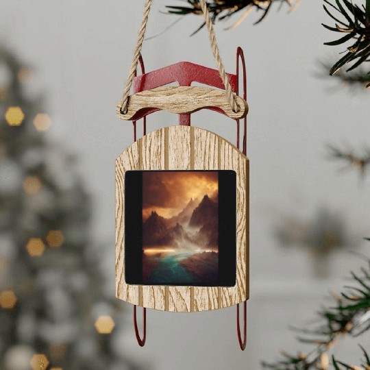 Mountains on a river mystery painting Sled Ornaments