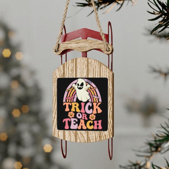 Trick or Teach Groovy Rainbow Ghost Halloween Sled Ornaments