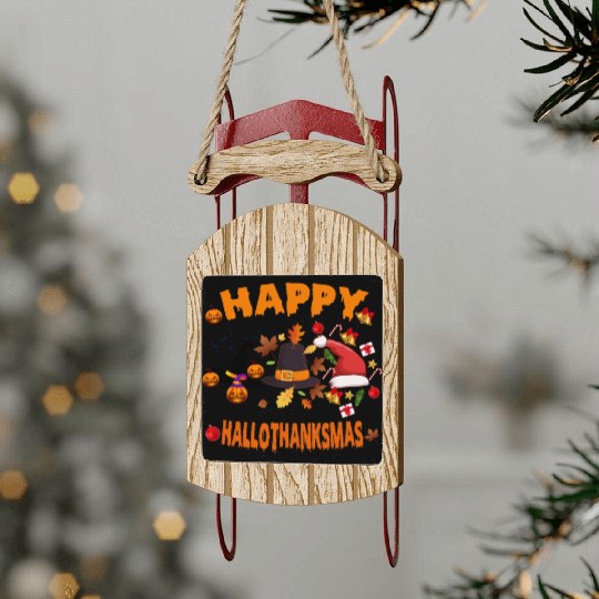 Wine Halloween Christmas Happy Hallothanksmas Sled Ornaments
