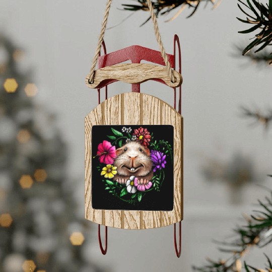 Smooth Hair Guinea Pig With Colorful Flowers Sled Ornaments