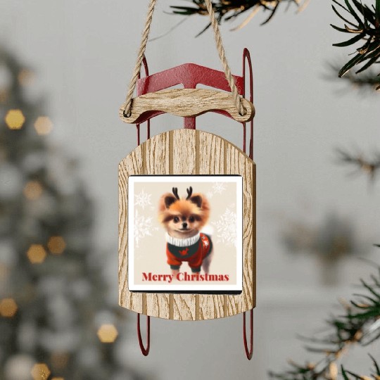 Sweet Miniature Spitz pomeranian in a Christmas. Sled Ornaments