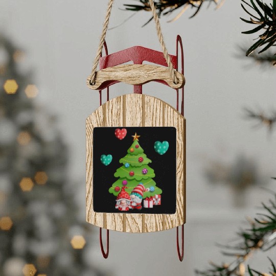 christmas is love, gnomes, christmas tree, love Sled Ornaments