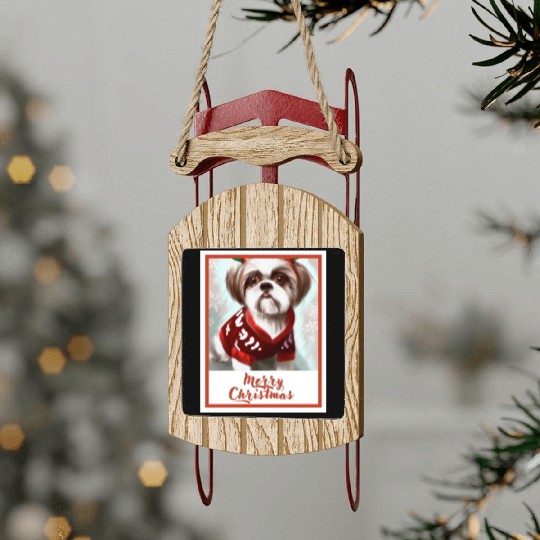 Shih tzu dog in a Christmas reindeer sweater. Sled Ornaments