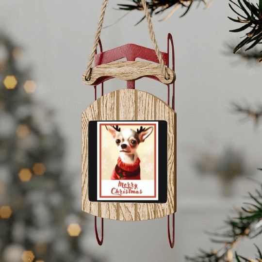 Christmas portrait of a little chihuahua dog. Sled Ornaments