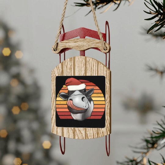 Christmas cow with Christmas hat retro farmer gift Sled Ornaments