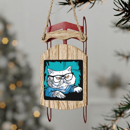 Stylish Nerd Persian Cat Beanie Glasses Tattoo Sled Ornaments