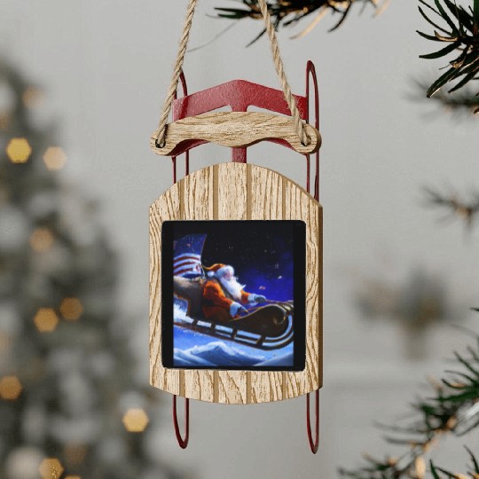 Patriotic Christmas Santa Claus With Sled And US Sled Ornaments