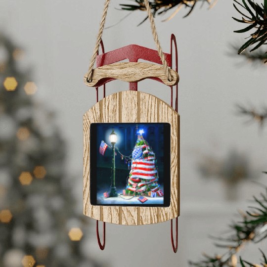 Patriotic Christmas US Flag With Christmas Sled Ornaments