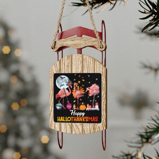 Flamingo Halloween And Merry Christmas Happy Sled Ornaments