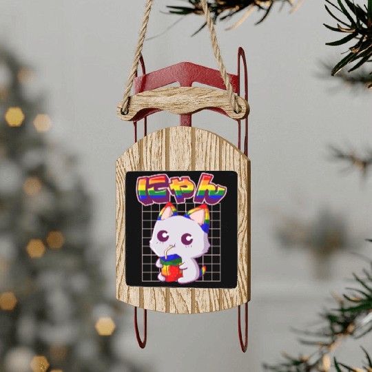 Gay Pride Kawaii Cat Strawberry Milk Rainbow Flag Sled Ornaments