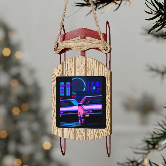 Vaporwave Car Synthwave City Sled Ornaments