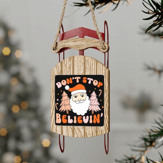 Retro Groovy Don't Stop Believin' Christmas Cute Sled Ornaments