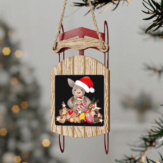 cute kangaroo for christmas with santa hat Sled Ornaments