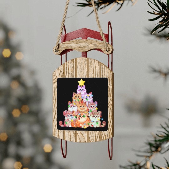 Cats tangled in Christmas Lights - Cat Christmas Sled Ornaments