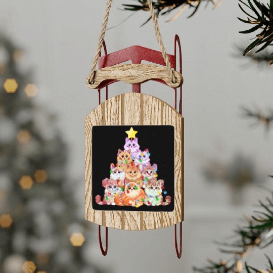 Cats tangled in Christmas Lights - Cat Christmas Sled Ornaments