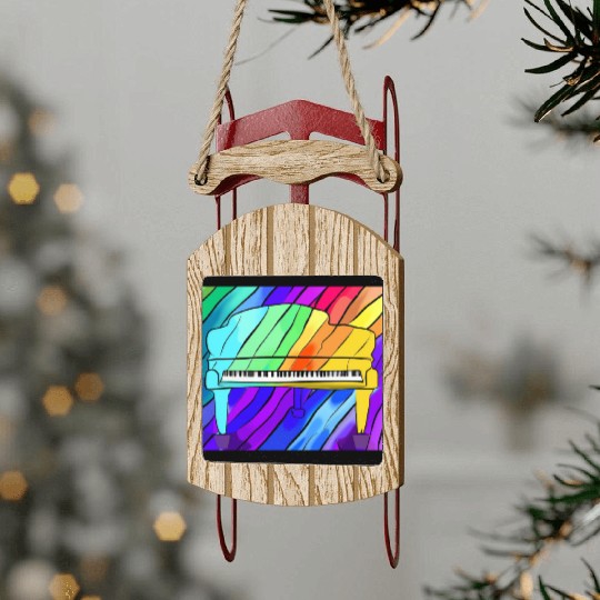 piano in front of a colorful rainbow Sled Ornaments