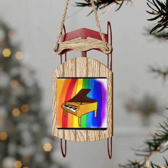 piano in front of a colorful rainbow Sled Ornaments