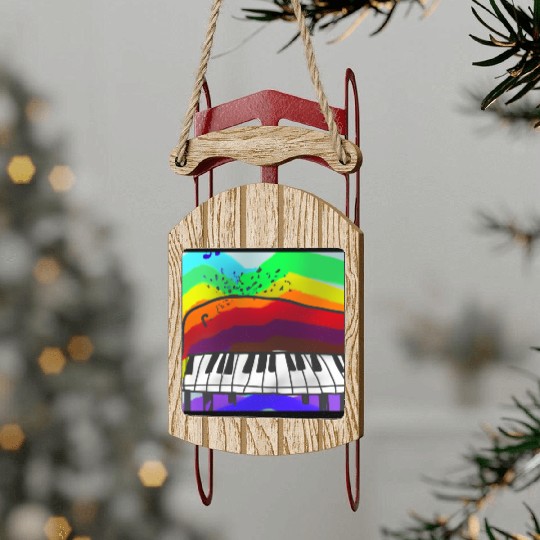 A beautiful piano in front of a colorful rainbow Sled Ornaments