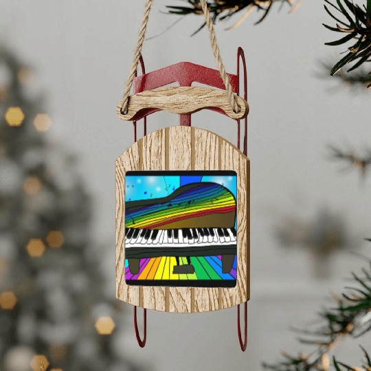 piano in front of a colorful rainbow Sled Ornaments