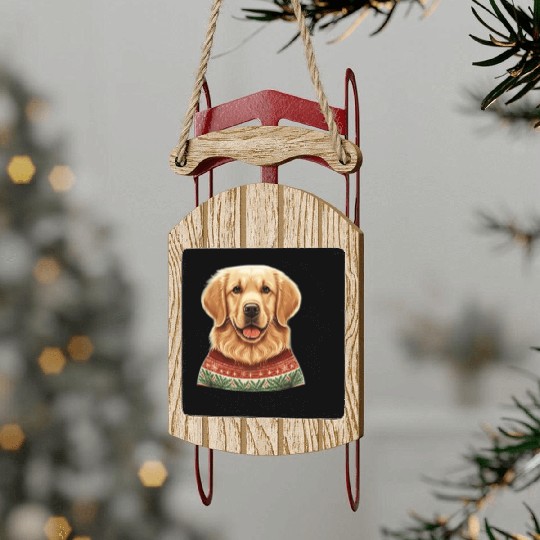Festive Golden Retriever in a Christmas Sweater Sled Ornaments