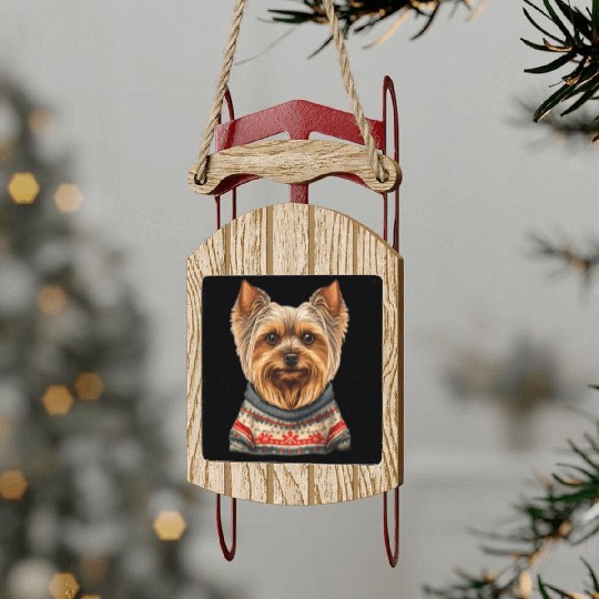 Festive Yorkshire Terrier in a Christmas Sweater Sled Ornaments