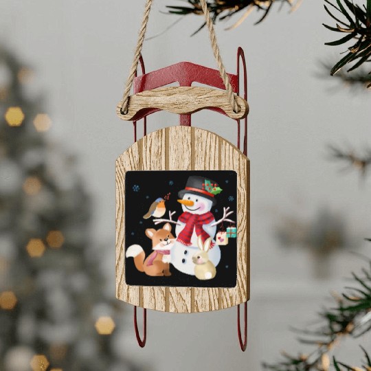 Snowman with fox, rabbit and robin Sled Ornaments
