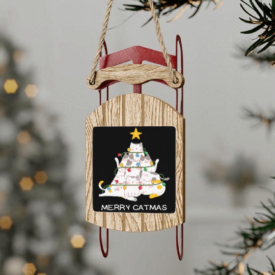 Meowy And Bright Christmas Tree Lights Funny Meowy Sled Ornaments