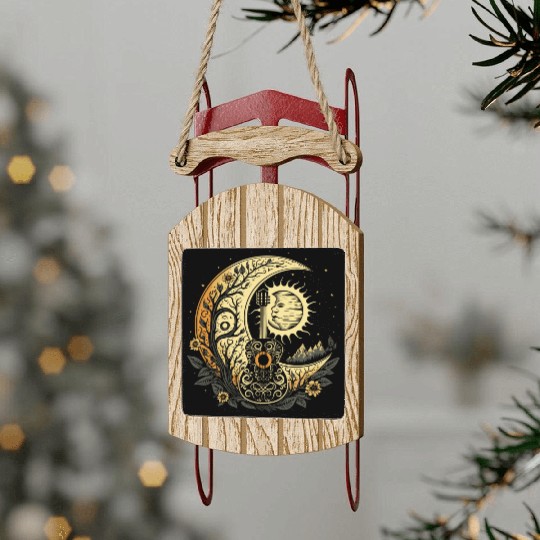 Cottagecore Acoustic Guitar With Moon, Sun, Stars Sled Ornaments