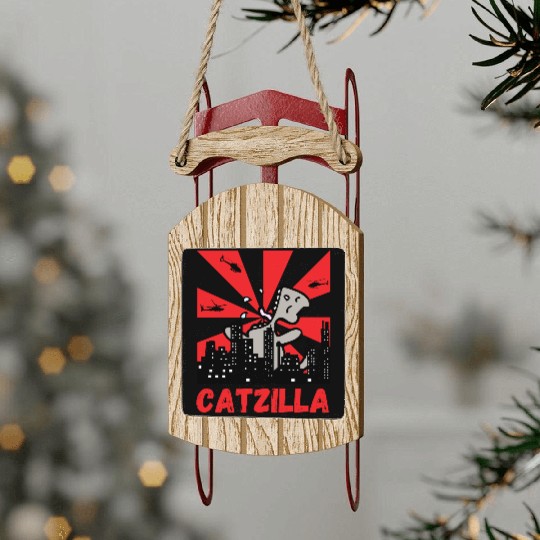 Catzilla funny cat Japanese Sunset Sled Ornaments