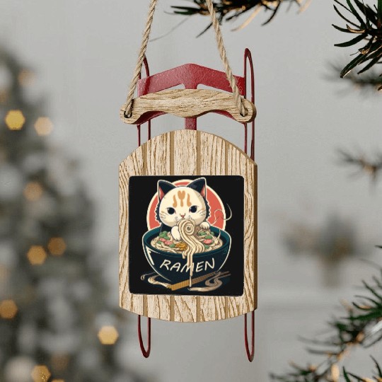 Cute Cat Eating Ramen Sled Ornaments