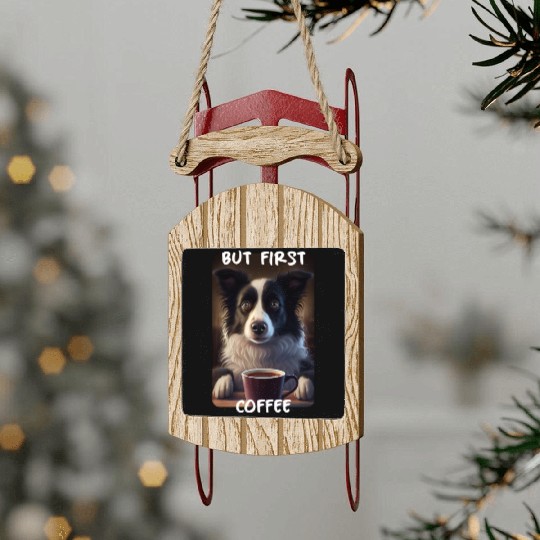 Border Collie - But First Coffee (en) 2 Sled Ornaments