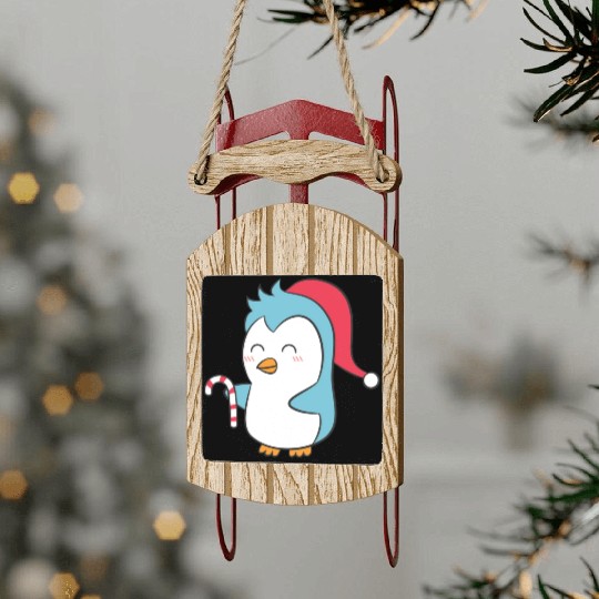 Cute Penguin with Christmas Hat and Candy Cane Sled Ornaments