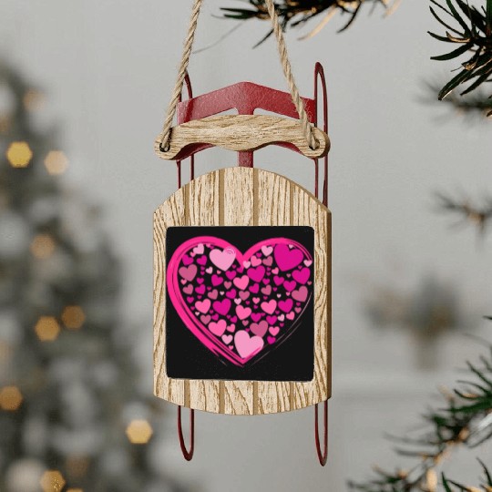 Cute Pink and Lilac Hearts in a Big Pink Heart Sled Ornaments