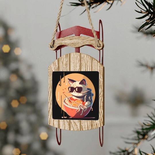 cat eating Chinese food,cute design for Meow lover Sled Ornaments