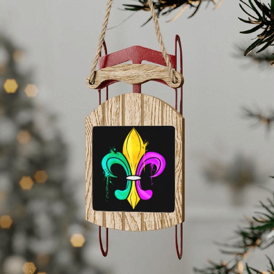 Green, Golden and Purple Fleur De Lis Sled Ornaments