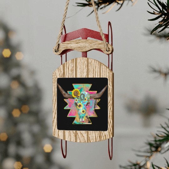 Colorful Floral Bull Skull Sled Ornaments