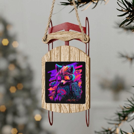 cyberpunk synthwave cool fox Sled Ornaments