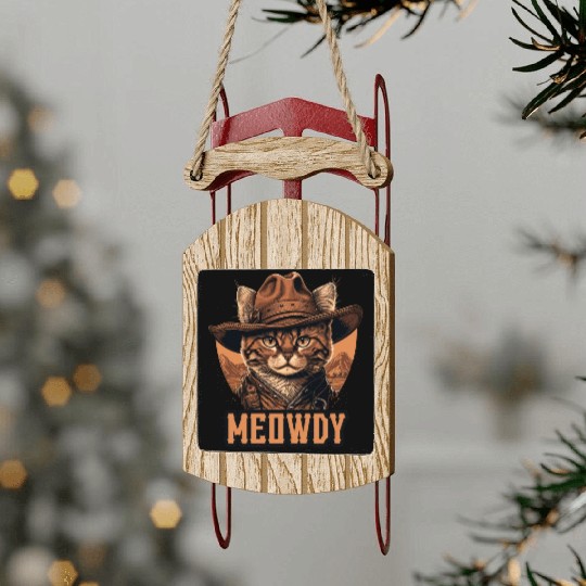 Meowdy - Funny Mashup Between Meow and Howdy - Cat Sled Ornaments