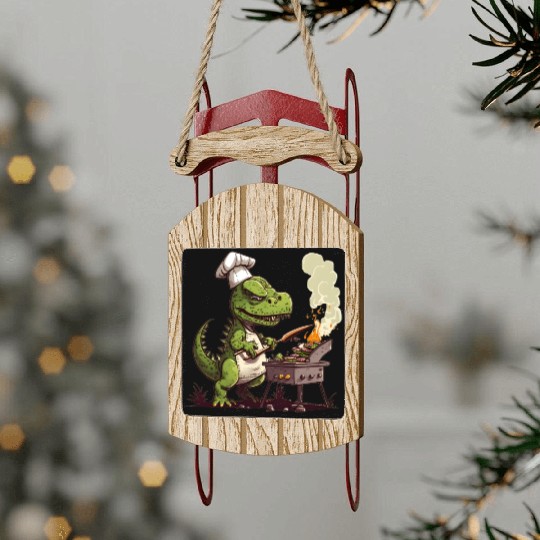 Baby Dinosaur Using A Charcoal Grill Cooking Meat Sled Ornaments