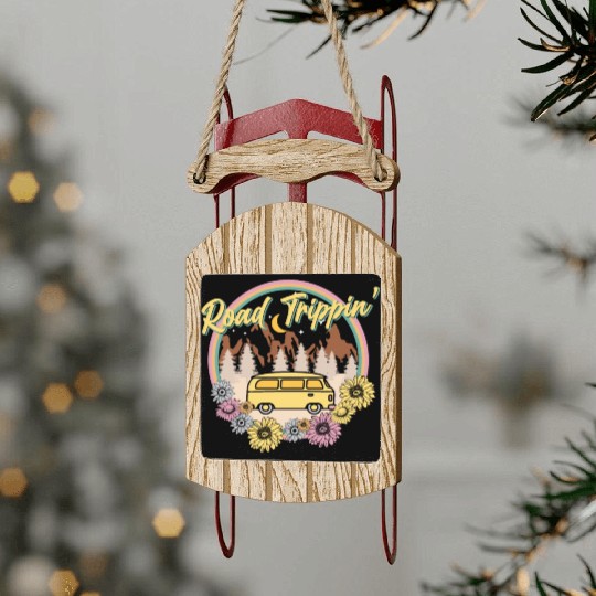 Retro Groovy Road Trip Sled Ornaments with Van Flowers