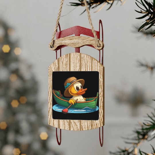 Cute duck in rowboat with summer hat and flower Sled Ornaments