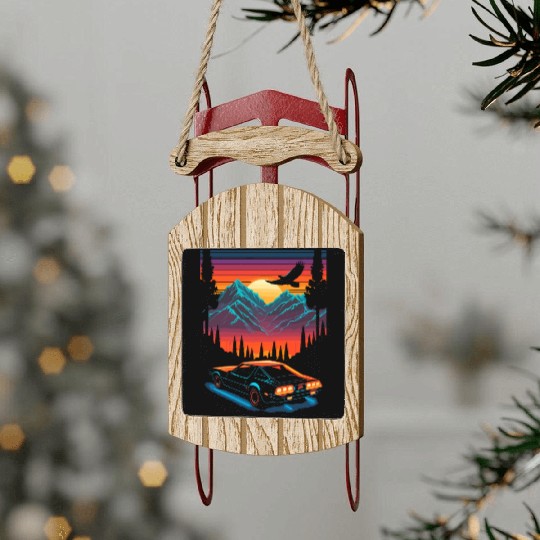 1980s Muscle Car and Retro Neon Mountain Sunset Sled Ornaments